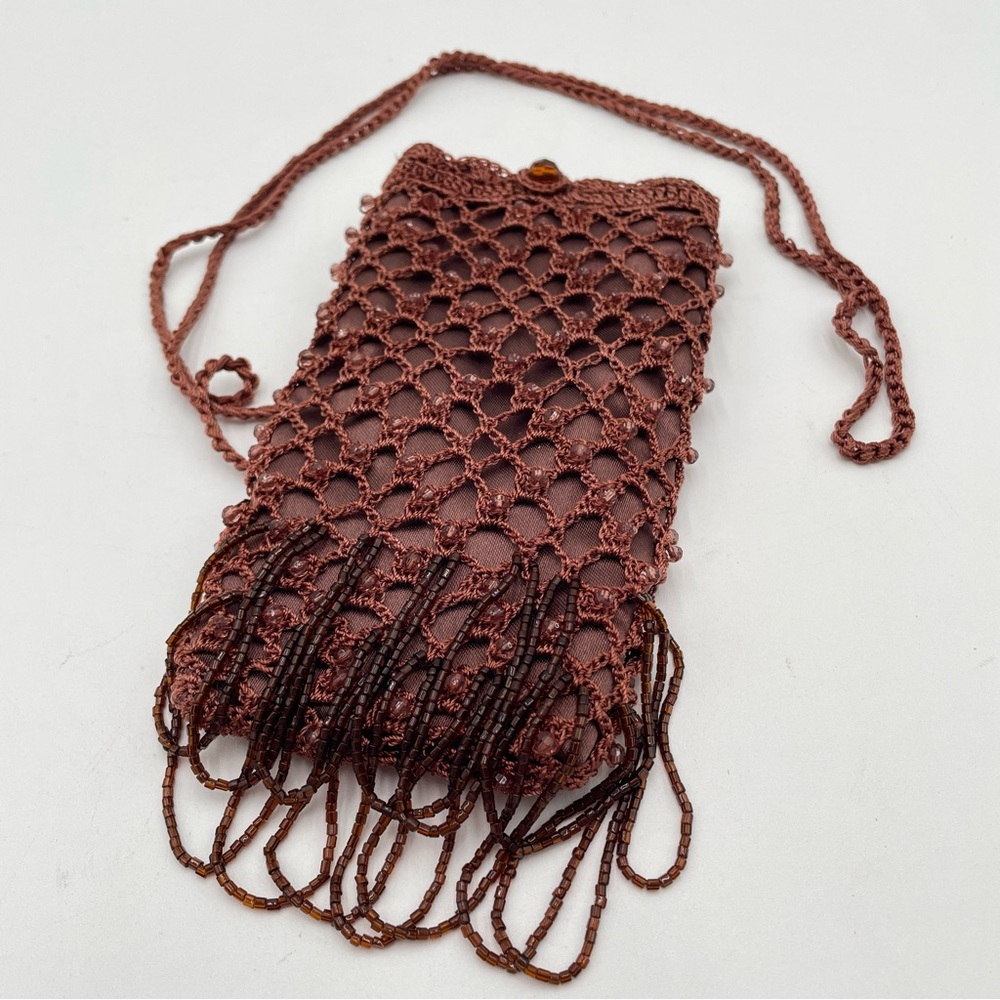 Crocheted Beaded Crossbody Pouch Dressy Flapper Look Boho Brown